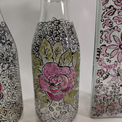 Decorative enamel-painted bottles vases used, set of 4 pieces