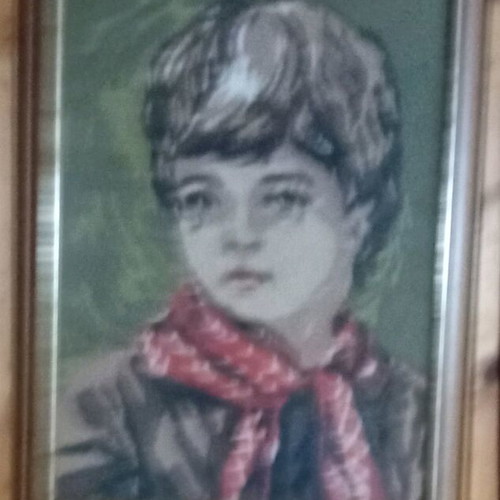 Embroidered picture with wooden frame like new, The Crying Boy
