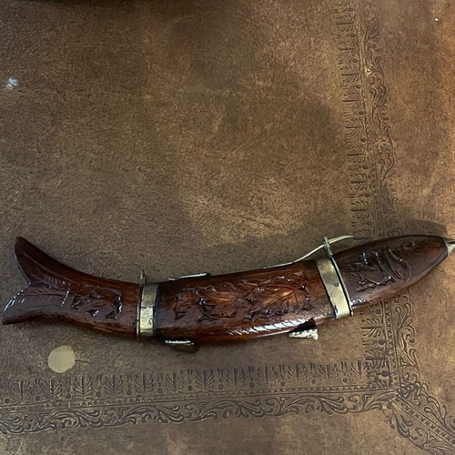 Vintage wood and brass fish carving set with meat fork and carving knife like new