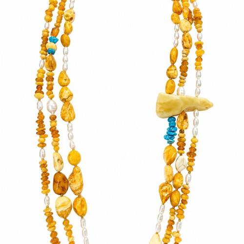 Handmade Amber Necklace with Turquoise and Pearls