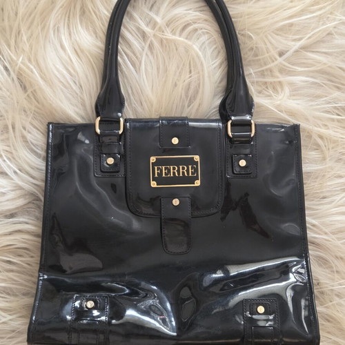 Gianfranco Ferre Black Patent Leather Shoulder Tote Bag used
