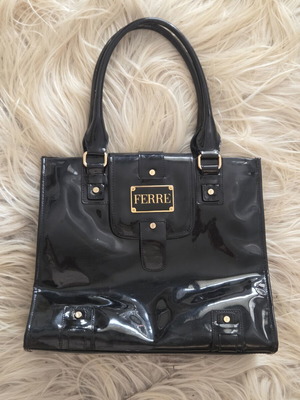 Gianfranco Ferre Black Patent Leather Shoulder Tote Bag used
