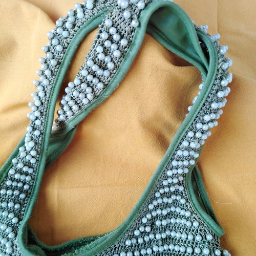 Mad Hat shoulder bag used green fabric with beads