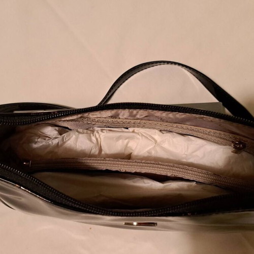Hexagona black patent leather shoulder bag with gold butterfly pattern