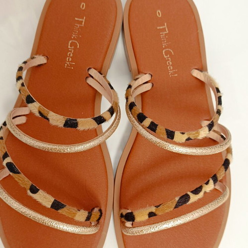 Think Greek women's flat sandals size 40 like new, leopard print and gold details