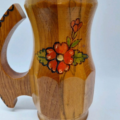 Large wooden mug with handle from Germany used, hand painted