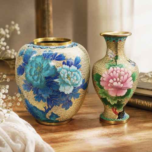 Cloisonne vase set of 2 like new, floral metal enamel decor