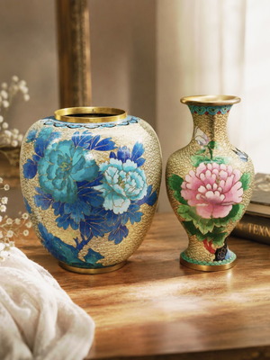 Cloisonne vase set of 2 like new, floral metal enamel decor