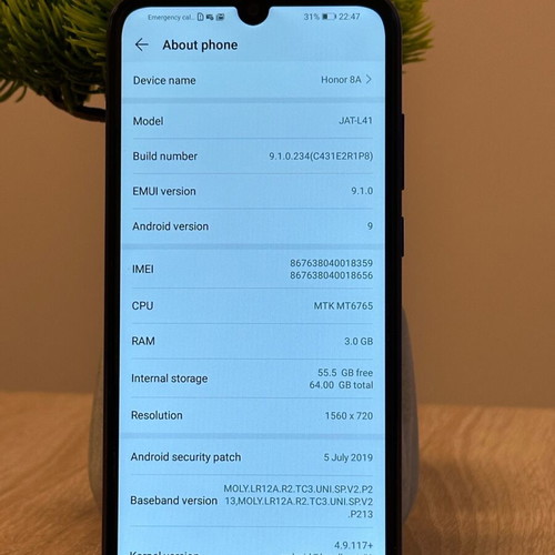 Honor 8A JAT-L41 smartphone like new, 64GB, 3GB RAM, blue, dual SIM