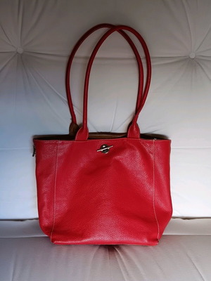 Red leather shoulder bag used with detachable wallet