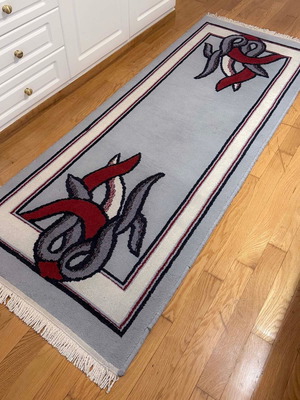 Gray runner rug with fringes used 195 x 74 cm