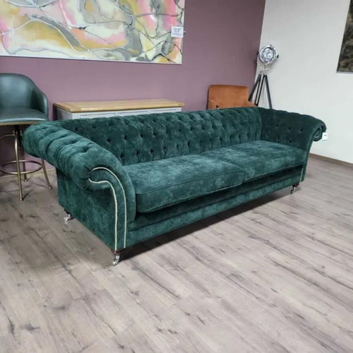 Large green Chesterfield fabric sofa new, four-seater
