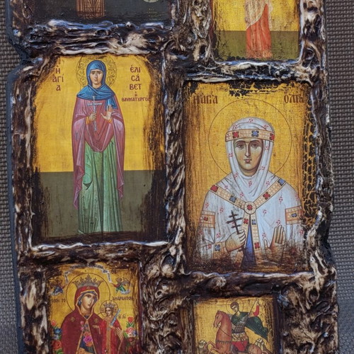 Religious icon composition on wood, 37x14 cm