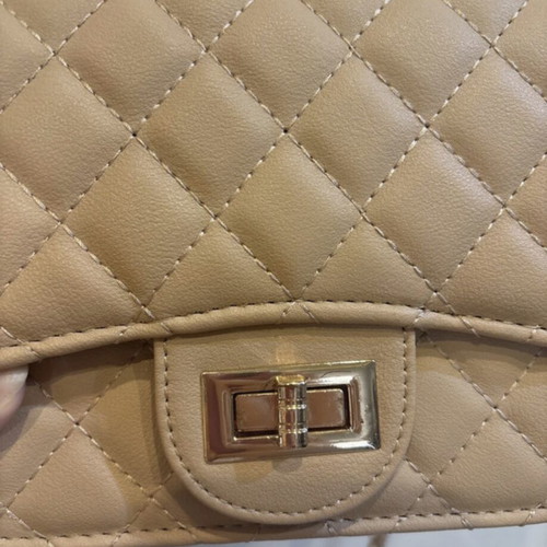 Quilted beige and baby pink nude crossbody bag with gold chain