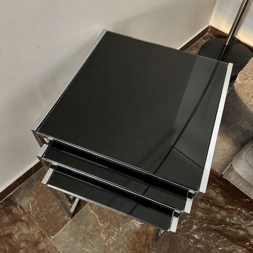 Cross set of 3 nesting side tables by ENTOS, black glass and chrome