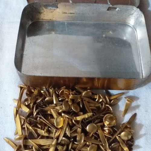 Brass double fasteners used, pack of 175, in metal box