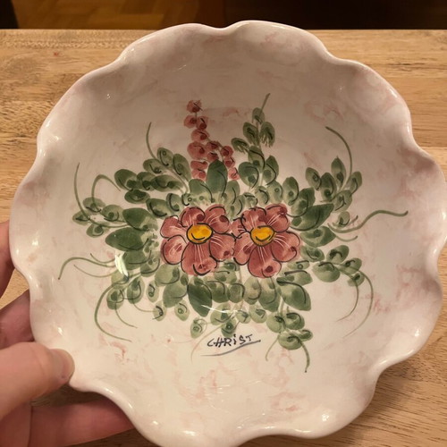Vintage Handmade Fruit Bowl signed "CHRIST" with floral design