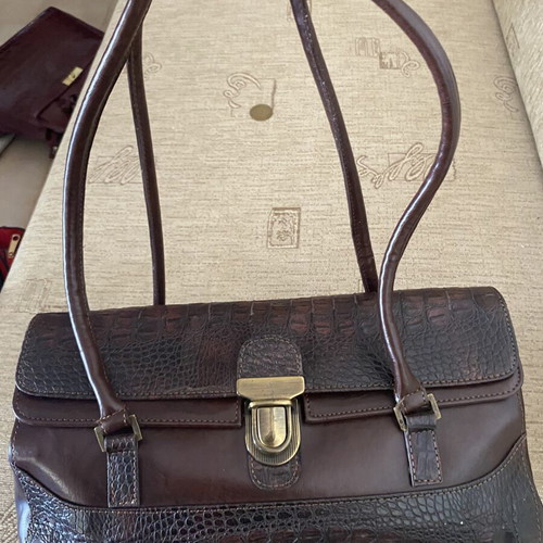 Vintage shoulder bag with croco details, brown and burgundy
