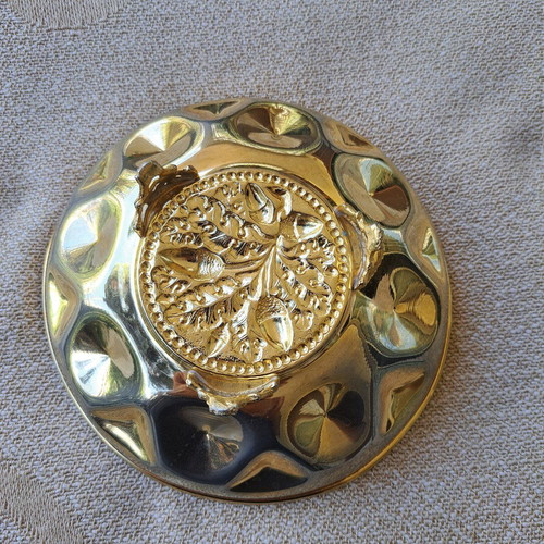Vintage gilded brass fondue bowl with embossed designs like new