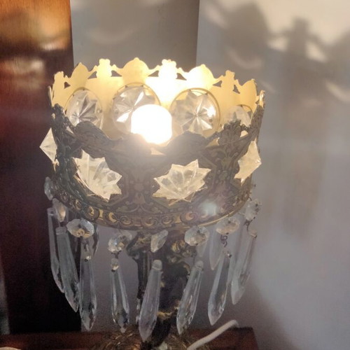 Vintage brass table lamp with cherub and hanging crystals