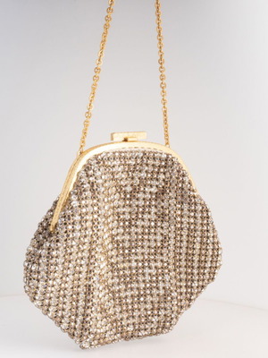 Vintage Rhinestone Mesh Evening Pouch gold, used, handheld