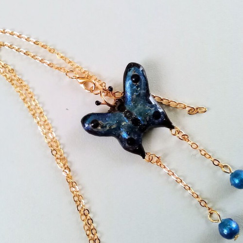 Handmade butterfly necklace blue new with gold chain