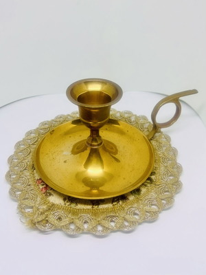 Vintage brass candlestick with handle and drip plate, used