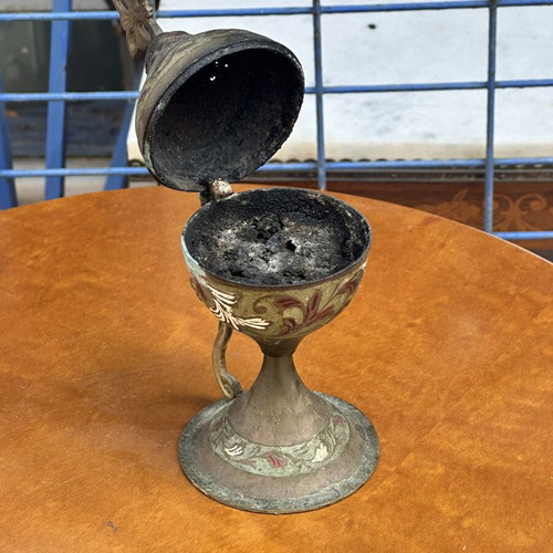 Vintage metal censer with cross, used, 17x10 cm