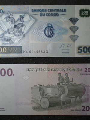 Congo banknotes new, set of 3 with 50, 200 and 500 francs 2013
