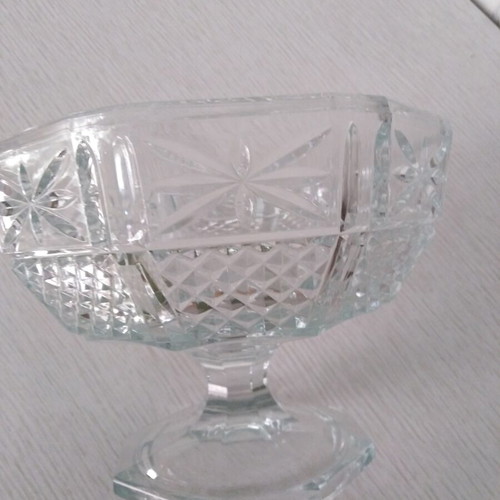 Vintage glass fruit bowl on foot with embossed diamond design