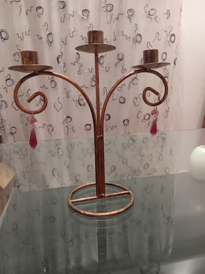 Metal candlestick with copper-bronze finish and purple beads, like new