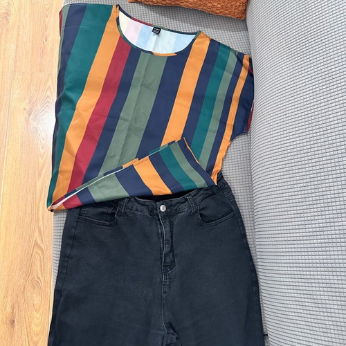 Outfit set striped blouse L and black skinny jeans 1XL like new