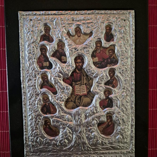 Religious icon like new, silver Byzantine copy on canvas