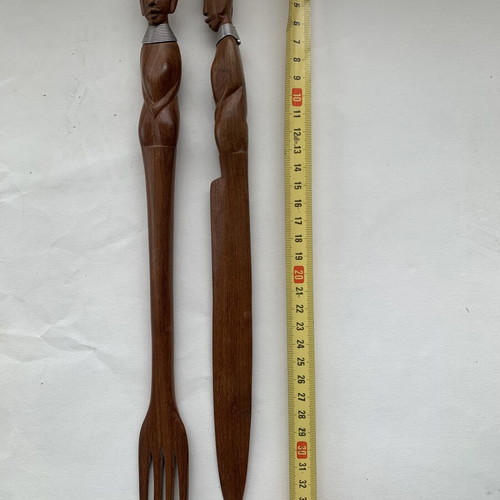 Vintage woodcarved decorative fork and knife like new