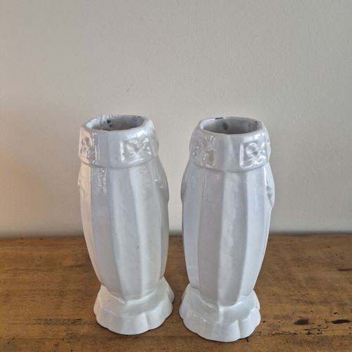 Art Deco White Enameled Cast Iron Cemetery Vases, Pair