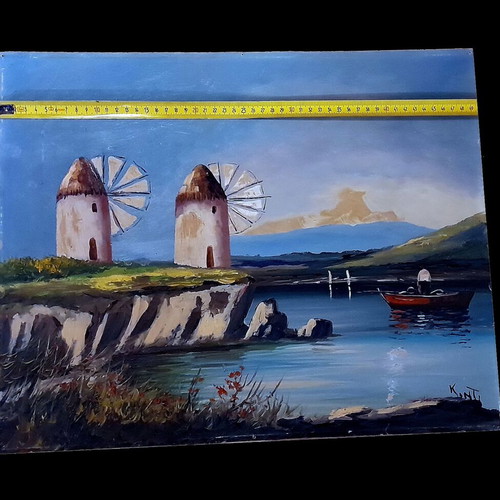Vintage oil painting on hardboard with windmills 40x50 cm