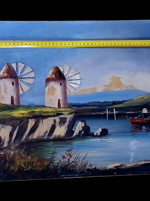 Vintage oil painting on hardboard with windmills 40x50 cm