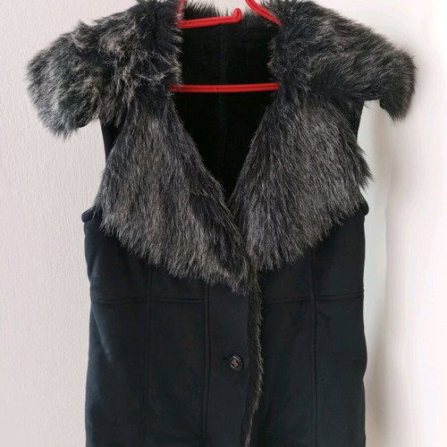 Black suede vest with eco gray black fur like new