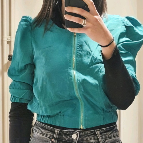 Vintage bomber jacket used, emerald green with puffed sleeves