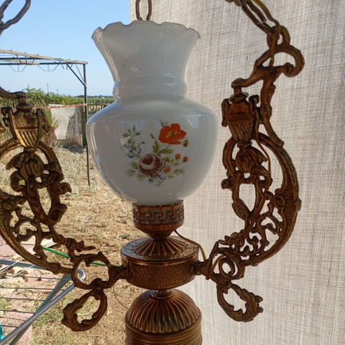 Vintage hanging ceiling lamp, oil lamp style, brass frame, floral opaline glass shade