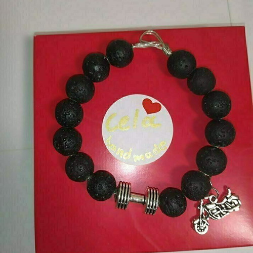 Handmade bracelet with lava semi-precious stone and metal dumbbell-motorcycle elements new, black