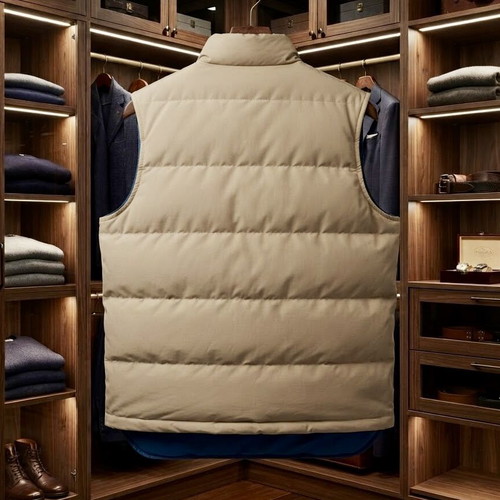 Woolrich Down Puffer Vest, tan with blue lining, size L
