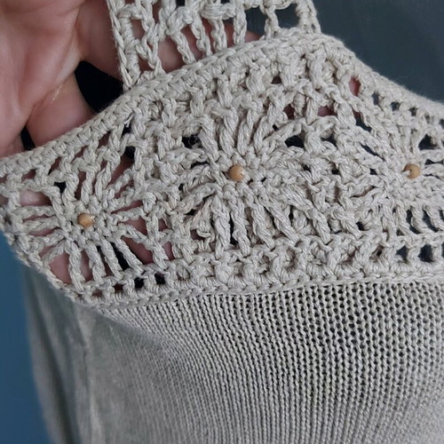 Calvin Klein tunic used with hand-knitted lace and wooden beads