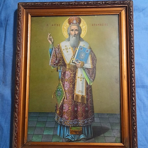 Saint Athanasios Lithograph vintage with wooden frame used