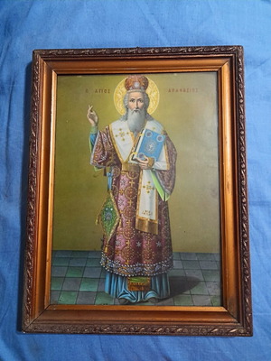 Saint Athanasios Lithograph vintage with wooden frame used