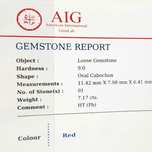 Ruby Cabochon 7.17cts natural, new with AIG certificate