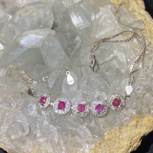 Handmade silver bracelet with natural ruby and moissanite, new