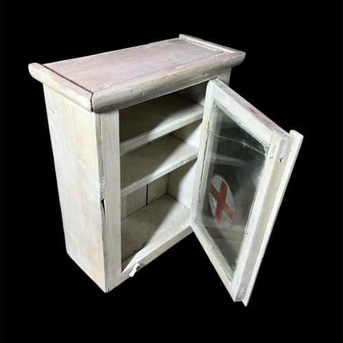 Wooden wall pharmacy cabinet vintage used with broken glass