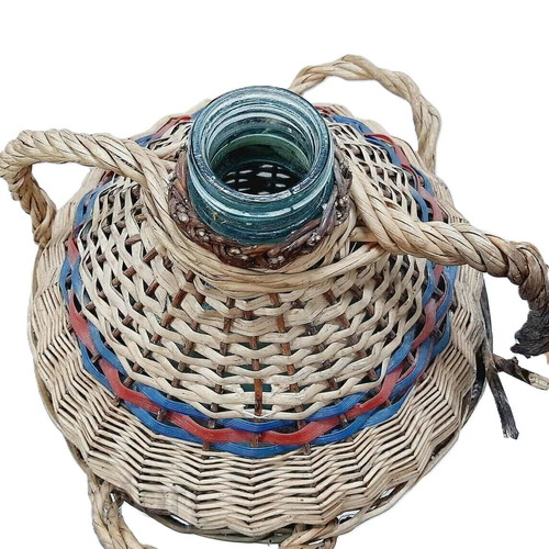 Large vintage glass demijohn with wicker cover, 30 liters, used