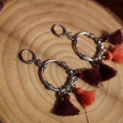 Handmade hanging earrings new with pink and purple tassels